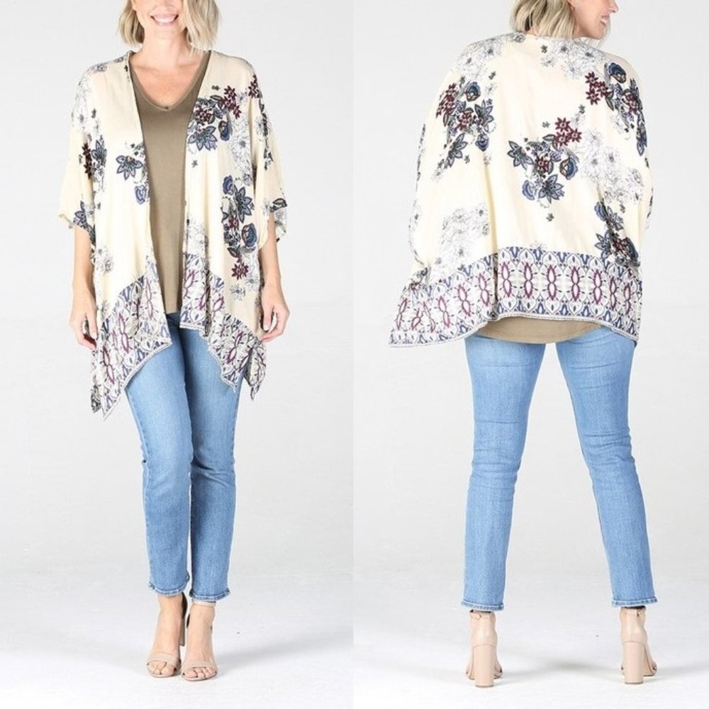 Nostalgia Floral Cardigan Kimono • Beige • Short Sleeve • Loose Fit • Open Front